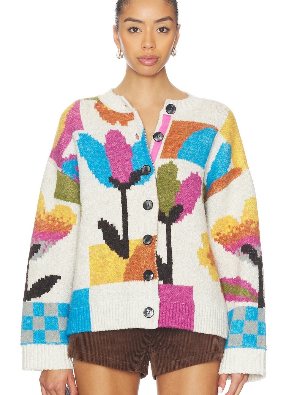 Free People White Multicolor Floral Button-Front Cardigan